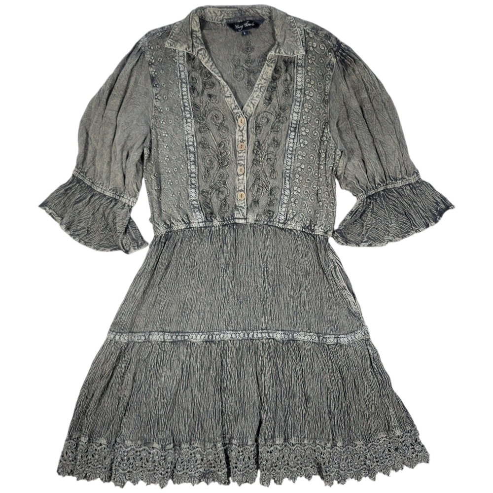 Y2K Young Threads Dress Large Embroidered Dark Cottage Fairy‎ Grunge Boho Hippie